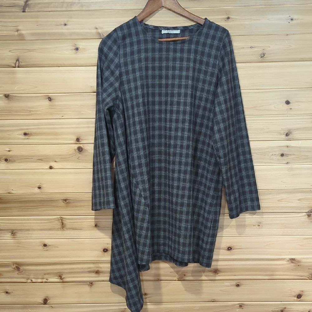 Bryn Walker Top Womens Large Gray Plaid Asymmetrical Tunic Lagenlook